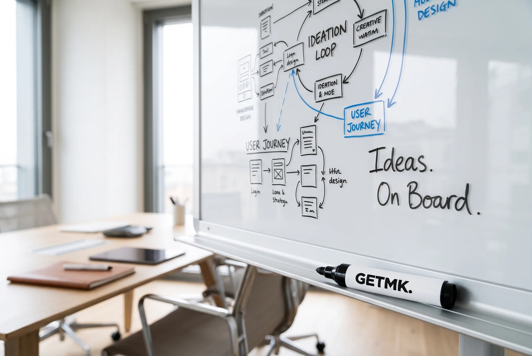Una lavagna bianca con uno schema di progetto e un pennarello GETMK appoggiato sul vassoio